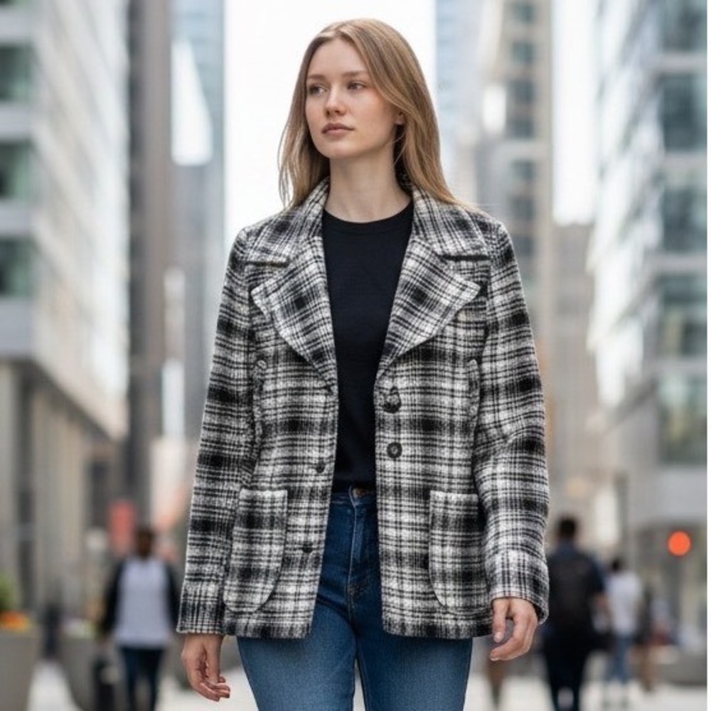 Vintage Woolrich Black White Plaid Wool Blend Jacket Size Small Blazer Coat